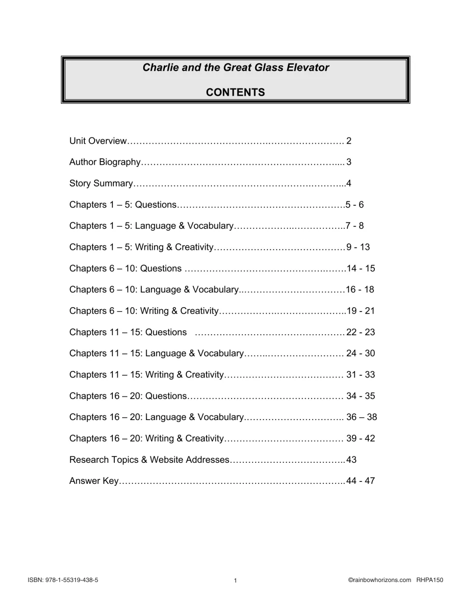 Novel study contents listing chapter questions, language and vocabulary, writing, research and answer key