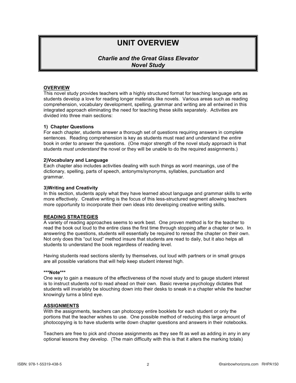 Novel study overview explaining chapter questions, vocabulary and language, writing, and reading strategies