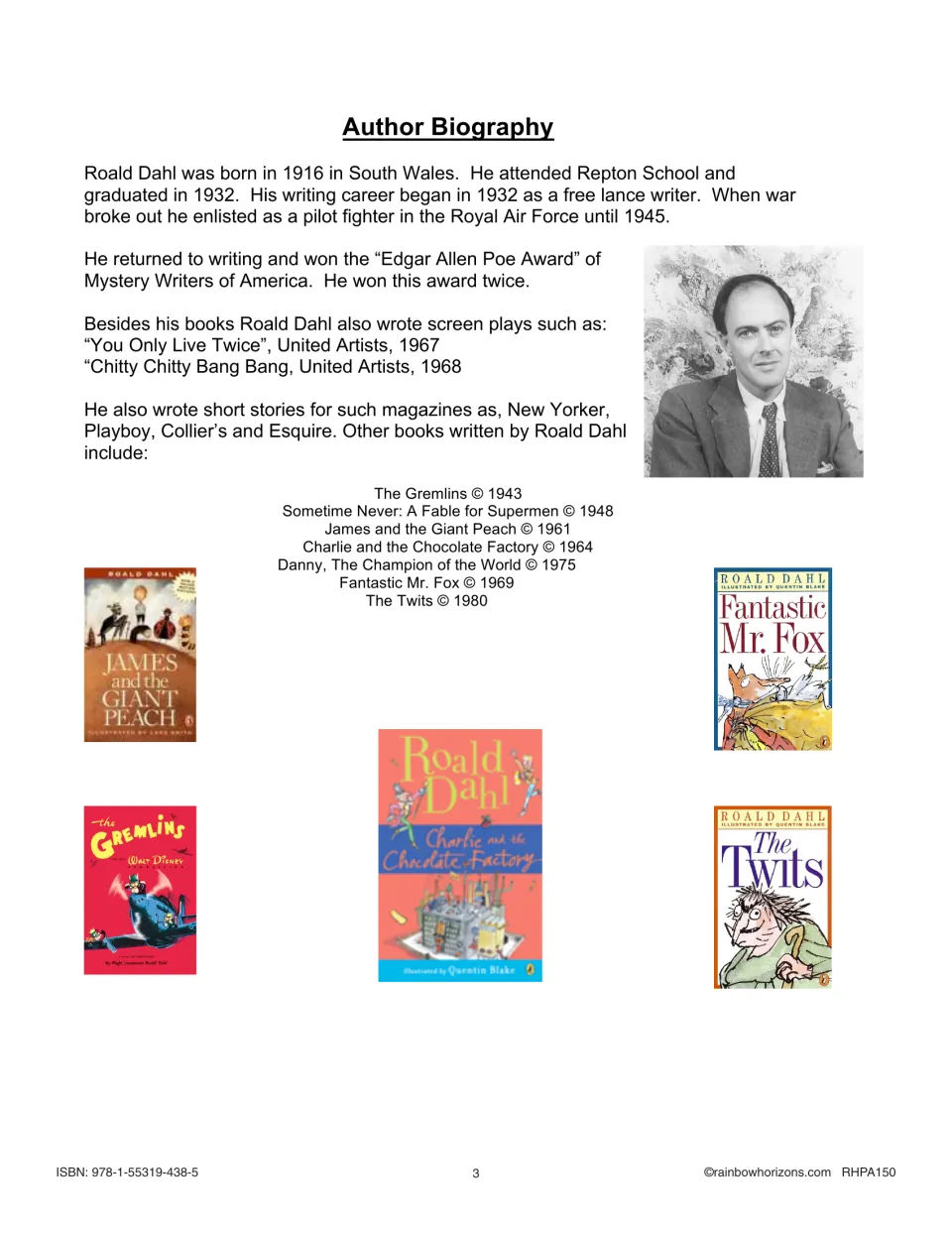 Author biography introducing Roald Dahl's life, writing career, screenplays and books, with his portrait