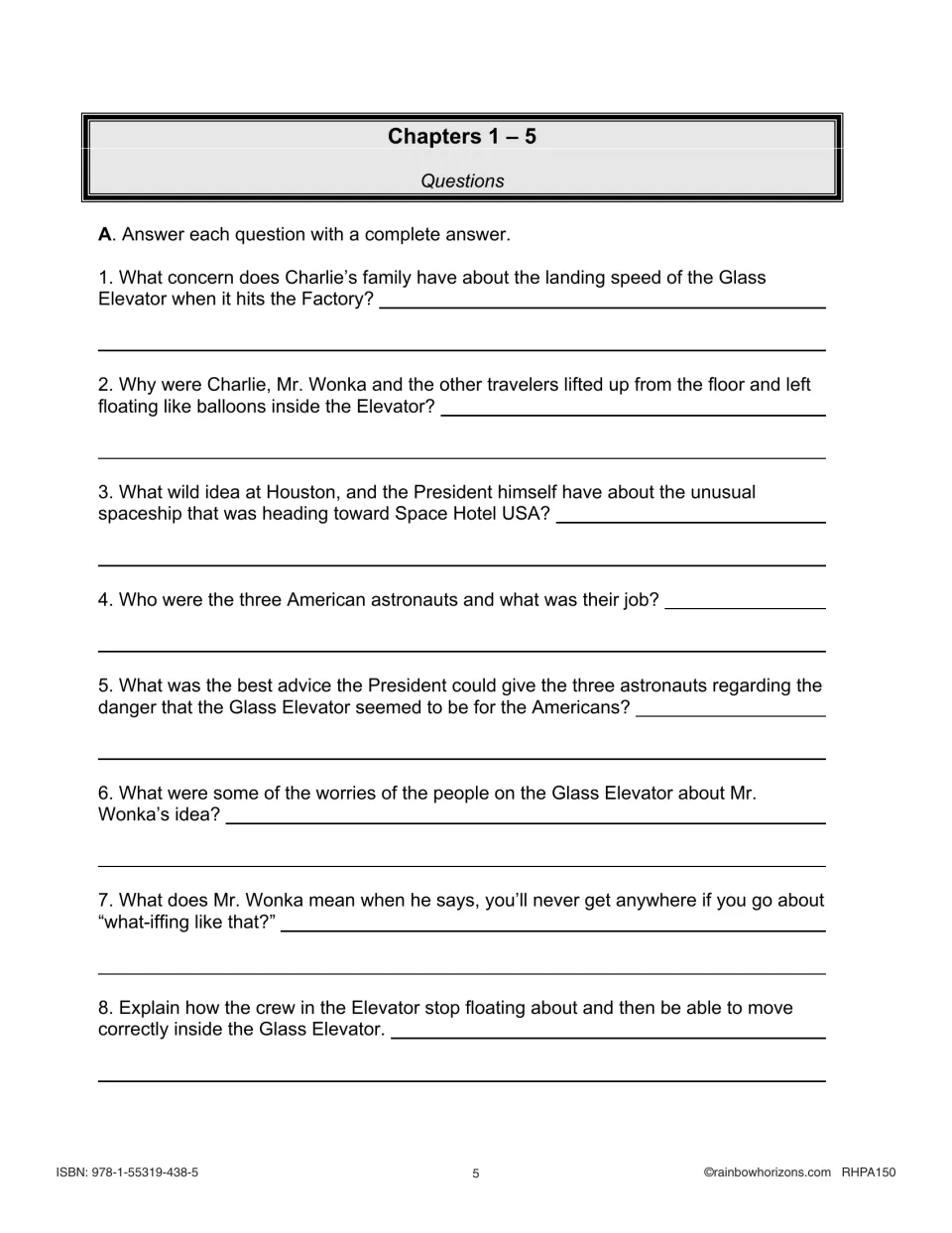 Chapters 1–5 comprehension questions 1–8 on the elevator's landing speed, floating travelers and astronauts