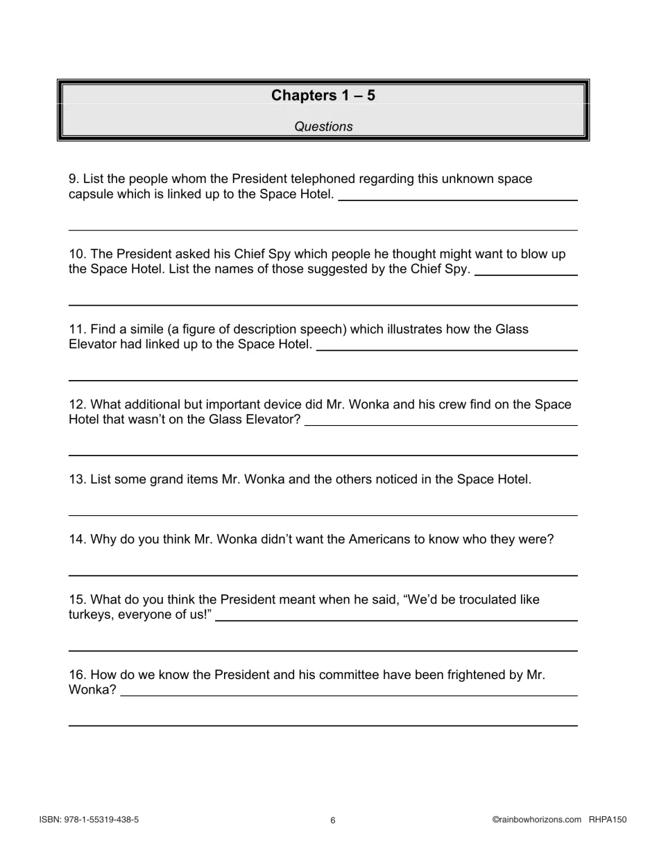 Chapters 1–5 comprehension questions 9–16 on the President's calls, Space Hotel, a simile and Wonka's secrecy