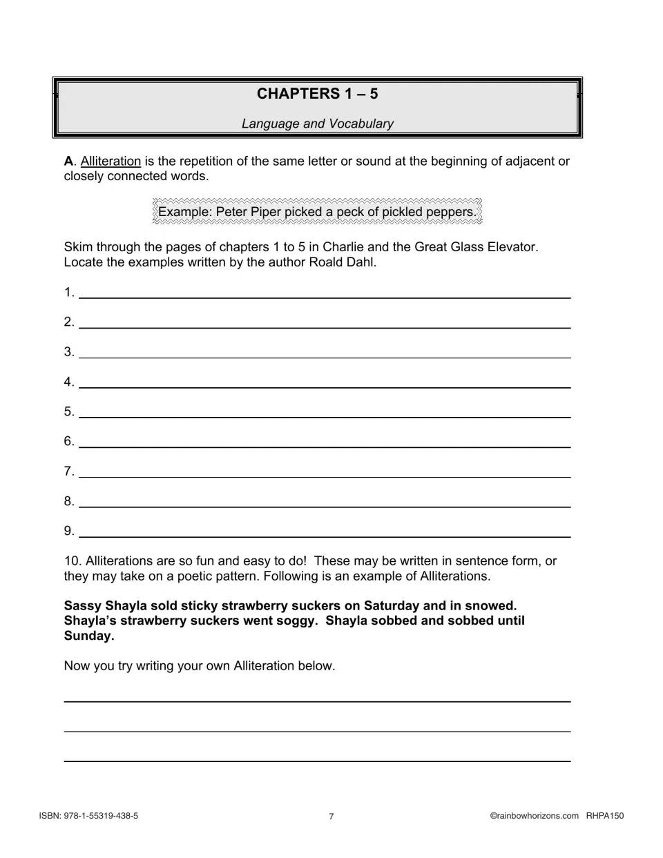 Chapters 1–5 alliteration practice asks students to find examples in the novel and write their own alliteration