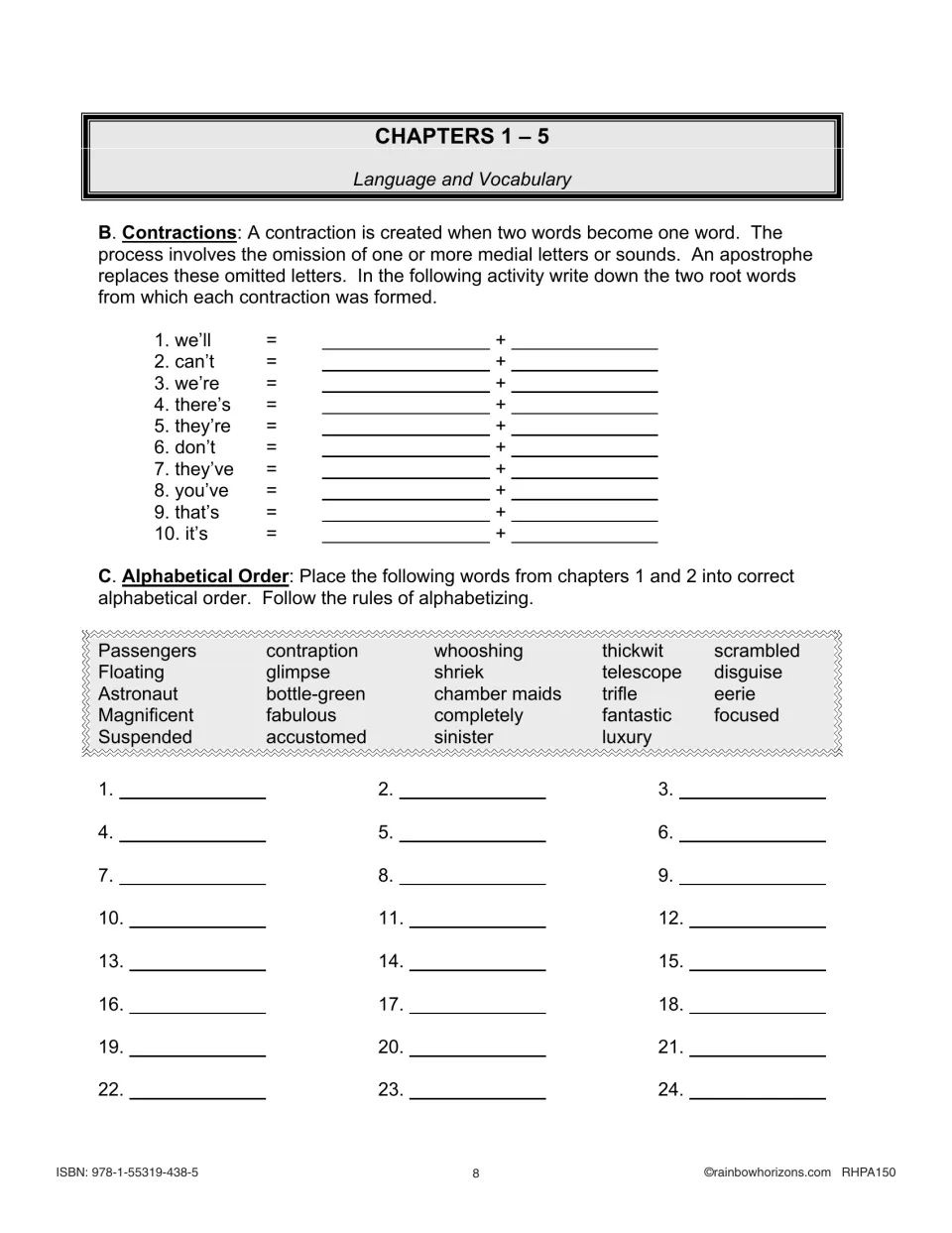 Chapters 1–5 language practice splits ten contractions into two words and alphabetizes 24 vocabulary words