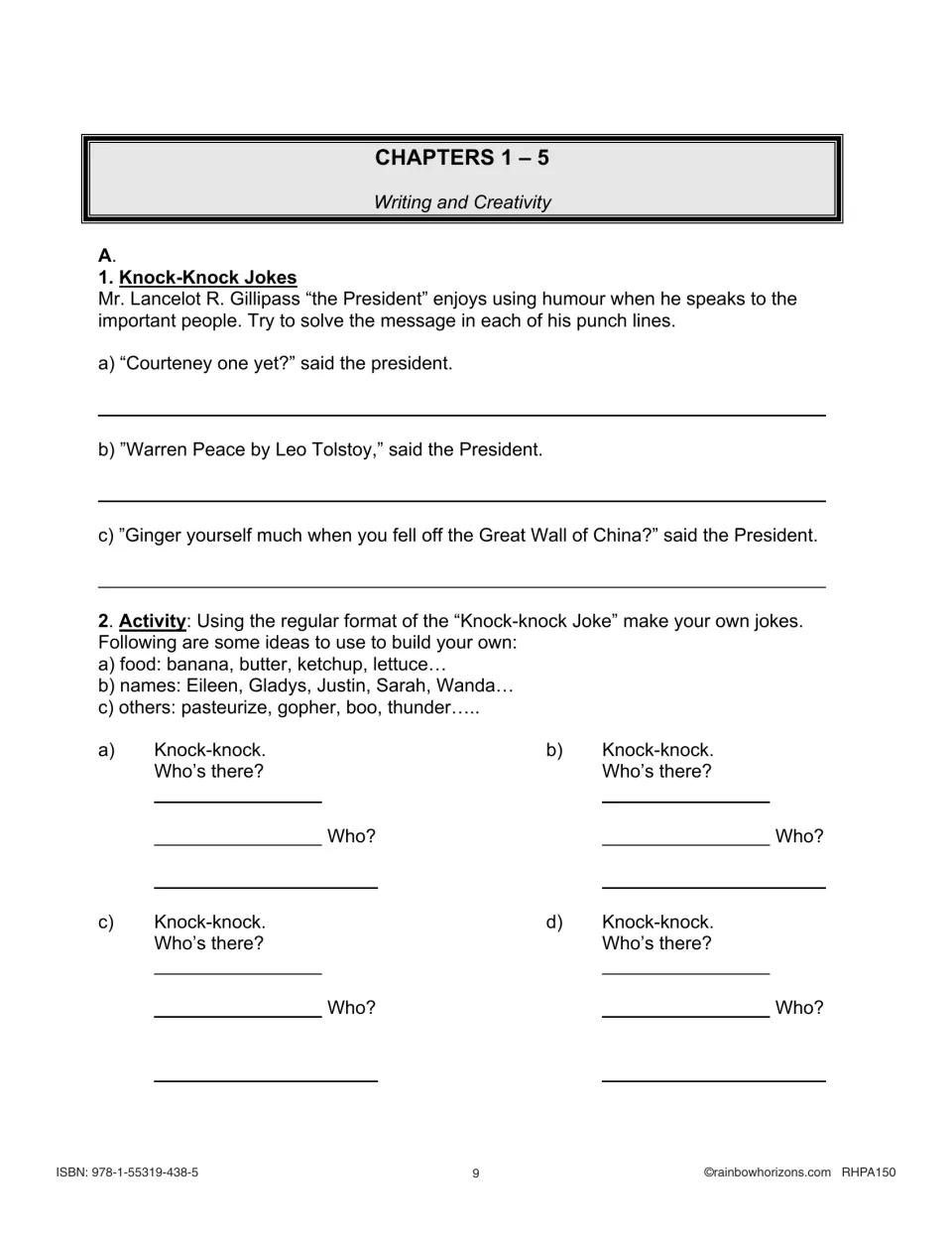 Chapters 1–5 writing activity asks students to explain three presidential punch lines and create knock-knock jokes