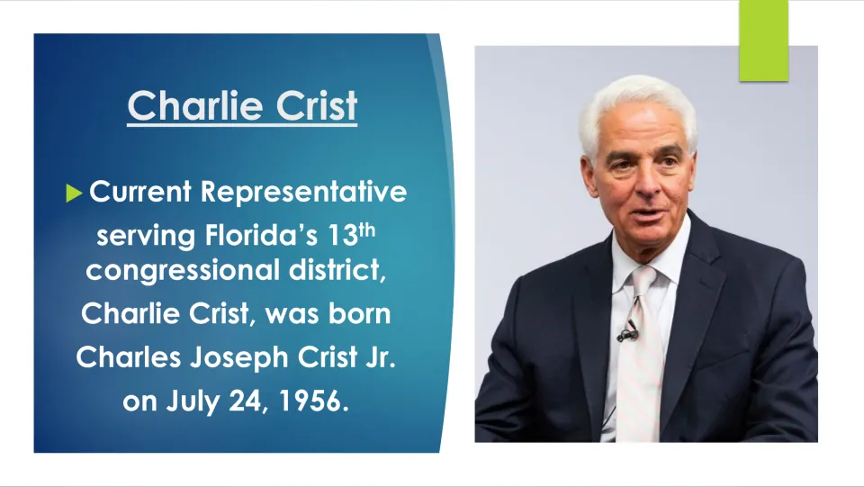 Biography slide giving Charlie Crist's full name, Charles Joseph Crist Jr., and birth date of July 24, 1956
