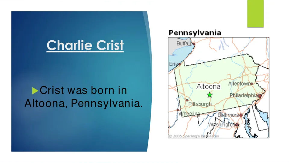 Biography slide identifying Altoona, Pennsylvania, as Charlie Crist's birthplace, with a map marking Altoona