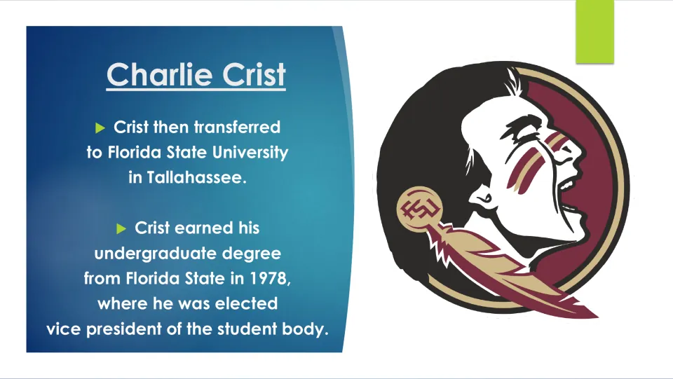 Biography slide on Charlie Crist's transfer to Florida State, 1978 degree, and student body vice presidency