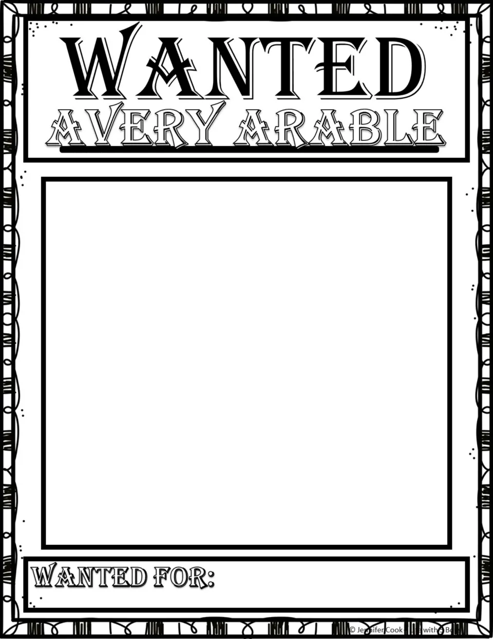 Avery Arable wanted poster template with his name and 'Wanted for:' prompt for the character activity.