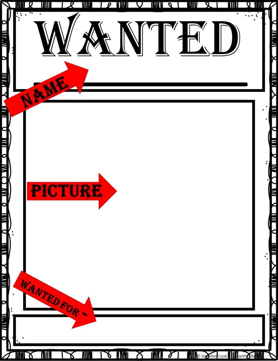 Wanted poster guide labels where students add the character's name, picture, and what the character is wanted for.