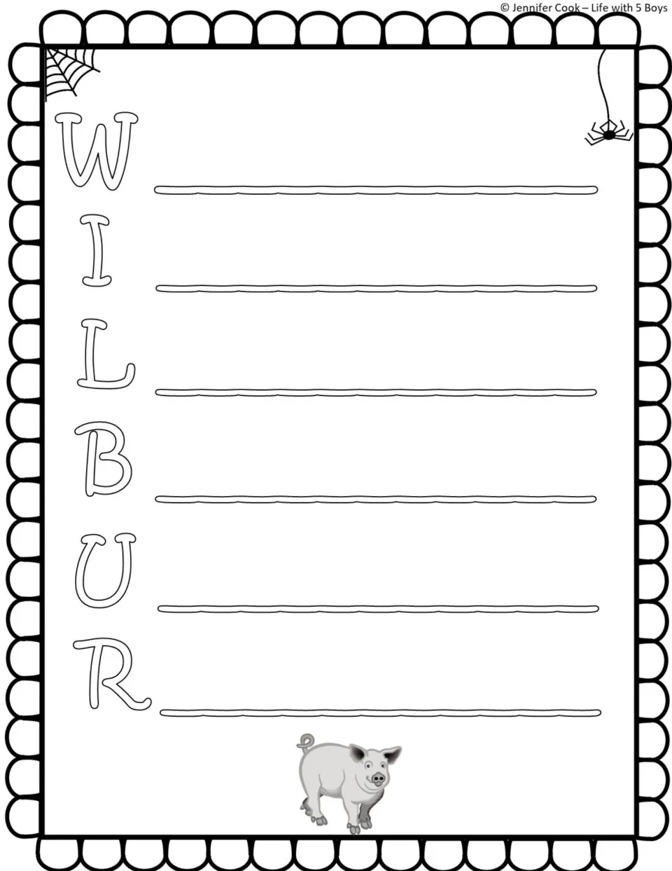 Wilbur acrostic poem: students write a line about the pig for each letter of W-I-L-B-U-R to describe the character