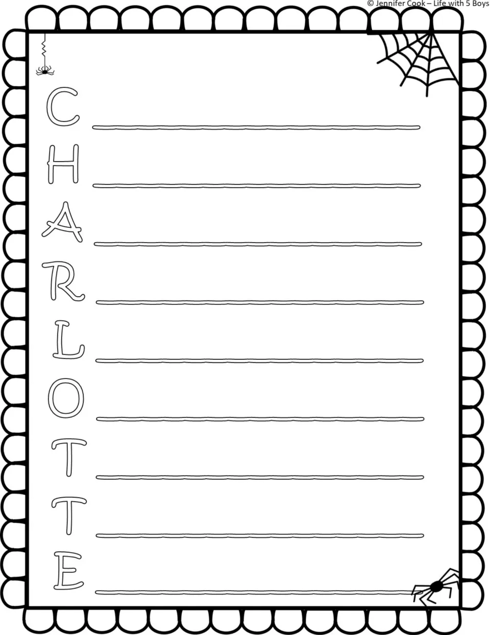 Charlotte acrostic poem: students write a describing line for each of the nine letters in the spider's name