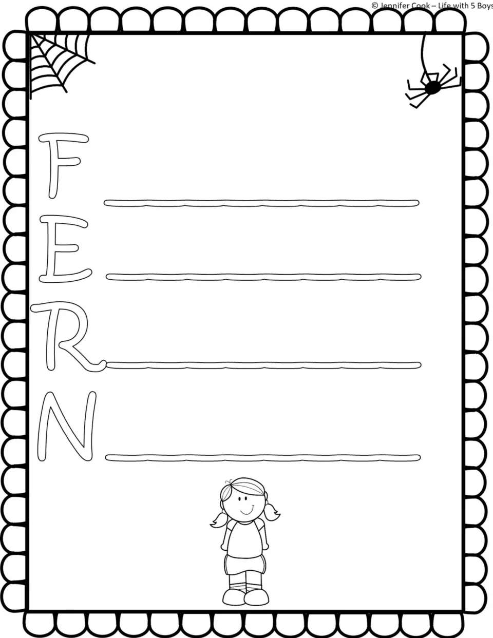 Fern acrostic poem: students write four lines, one for each letter of F-E-R-N, describing the girl in the story