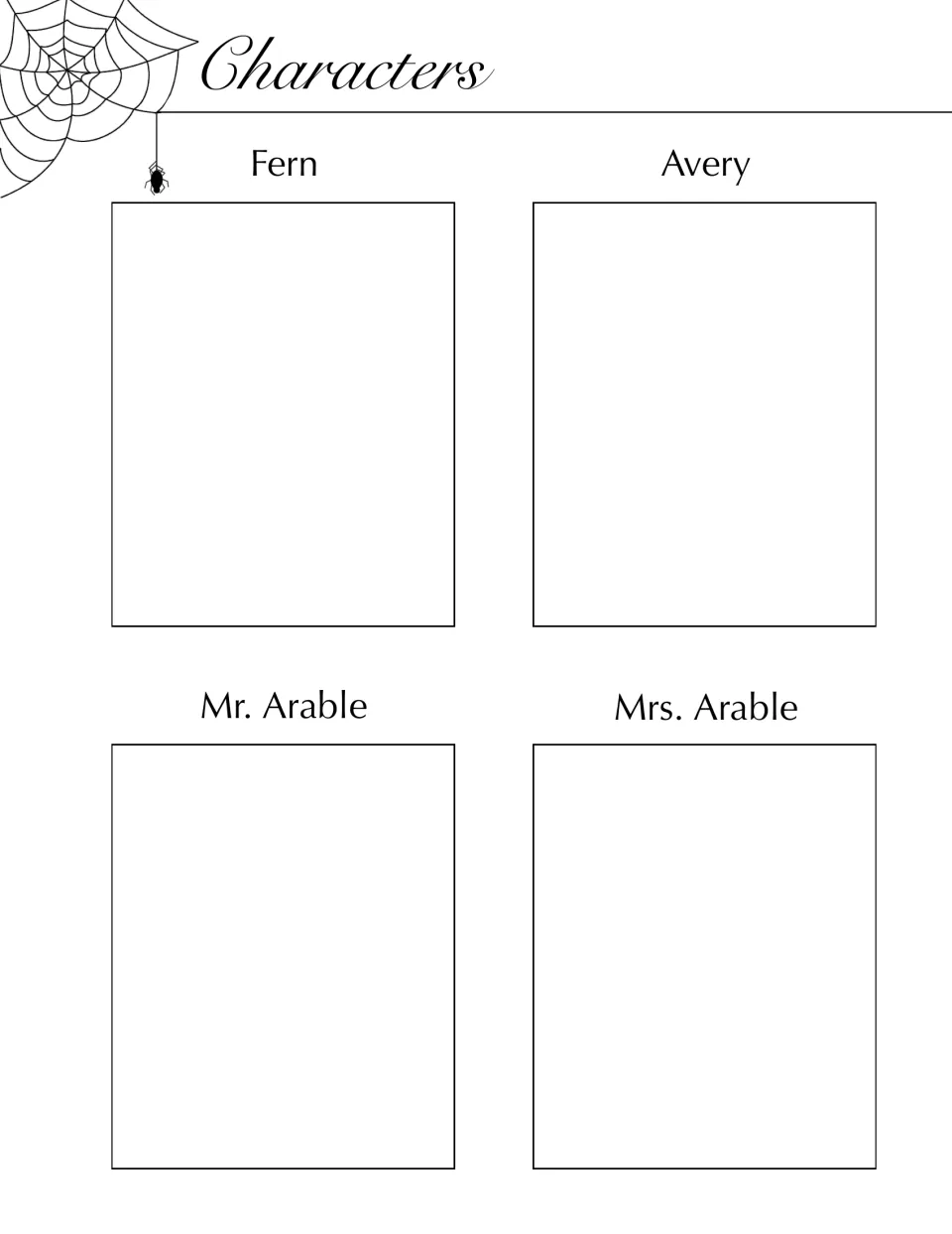 First character organizer in the book companion, labeled Fern, Avery, Mr. Arable, and Mrs. Arable