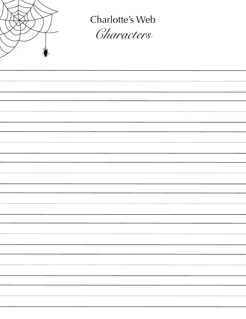 First character writing page in the book companion, headed Characters, for students' written responses
