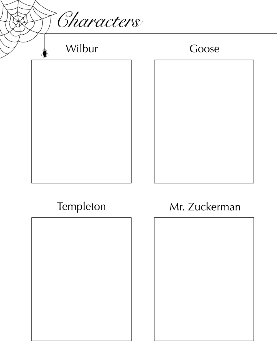 Second character organizer in the book companion, labeled Wilbur, Goose, Templeton, and Mr. Zuckerman