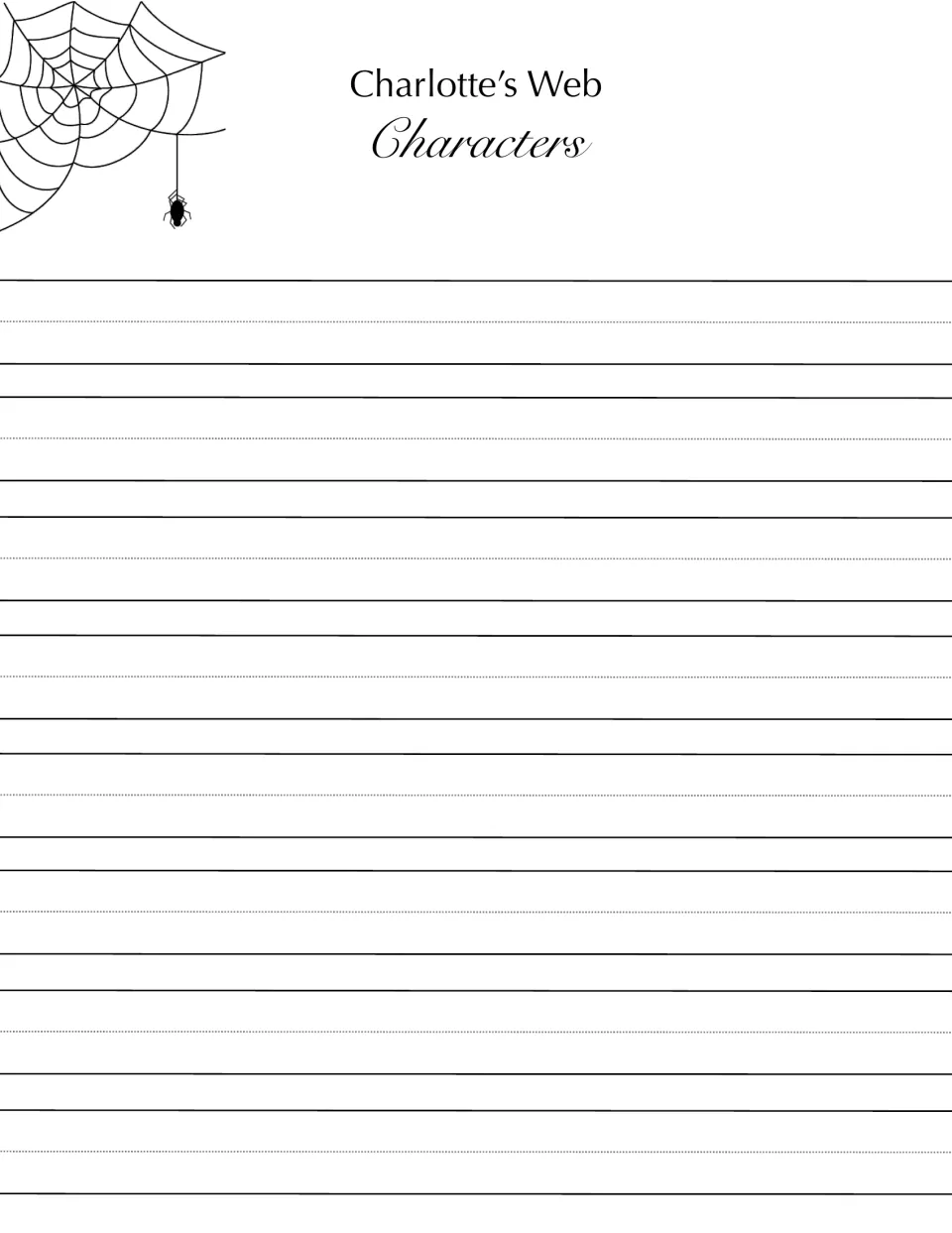 Second character writing page in the book companion, headed Characters, for students' written responses