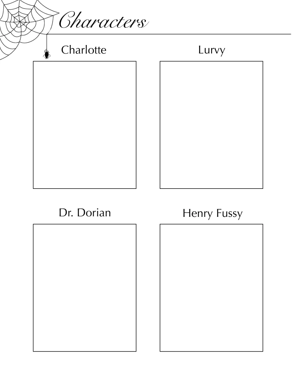 Third character organizer in the book companion, labeled Charlotte, Lurvy, Dr. Dorian, and Henry Fussy