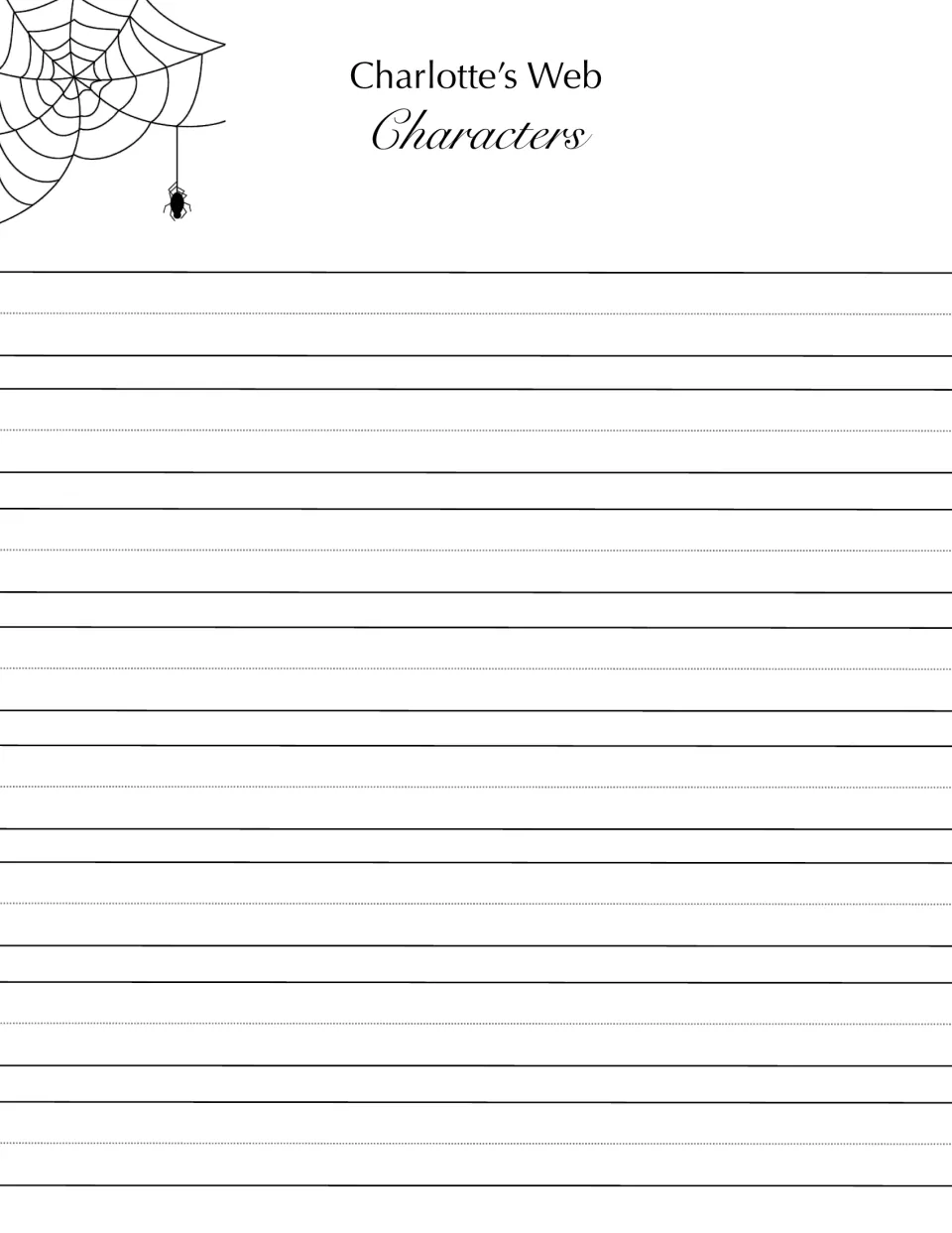 Third character writing page in the book companion, headed Characters, for students' written responses