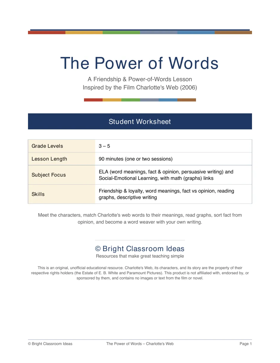 The Power of Words cover: Charlotte's Web friendship lesson listing grades 3–5, 90 minutes, and skills like fact vs opinion