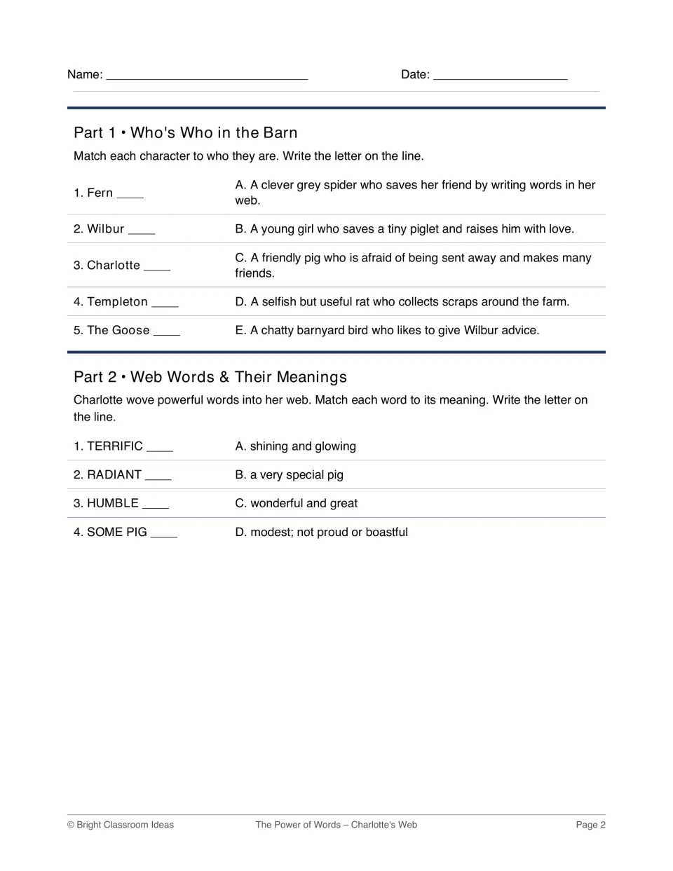 Character and vocabulary matching: students match Fern, Wilbur and Charlotte to descriptions, then web words to meanings
