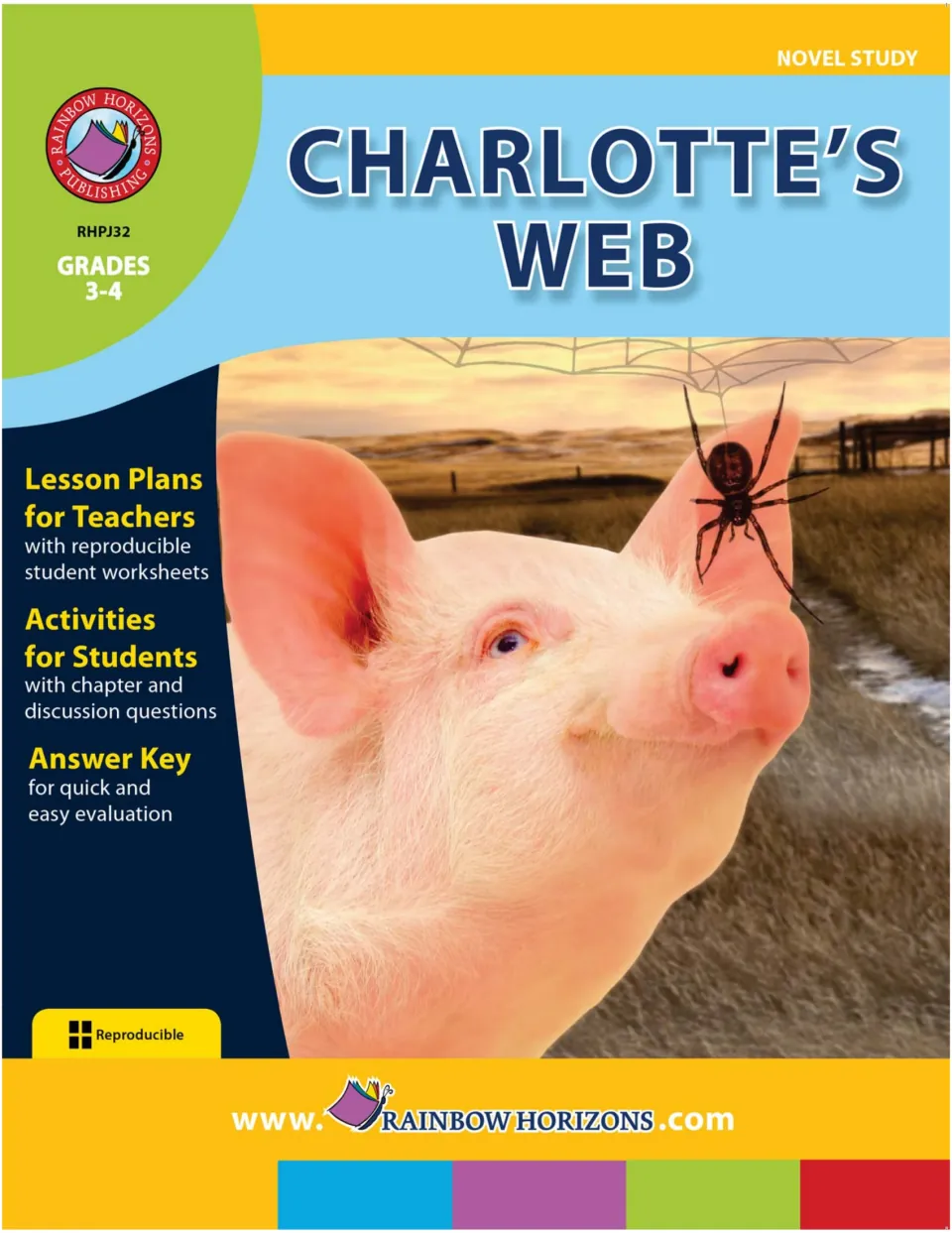 Charlotte's Web novel study cover: pig with a spider on its ear; lesson plans, chapter questions and an answer key