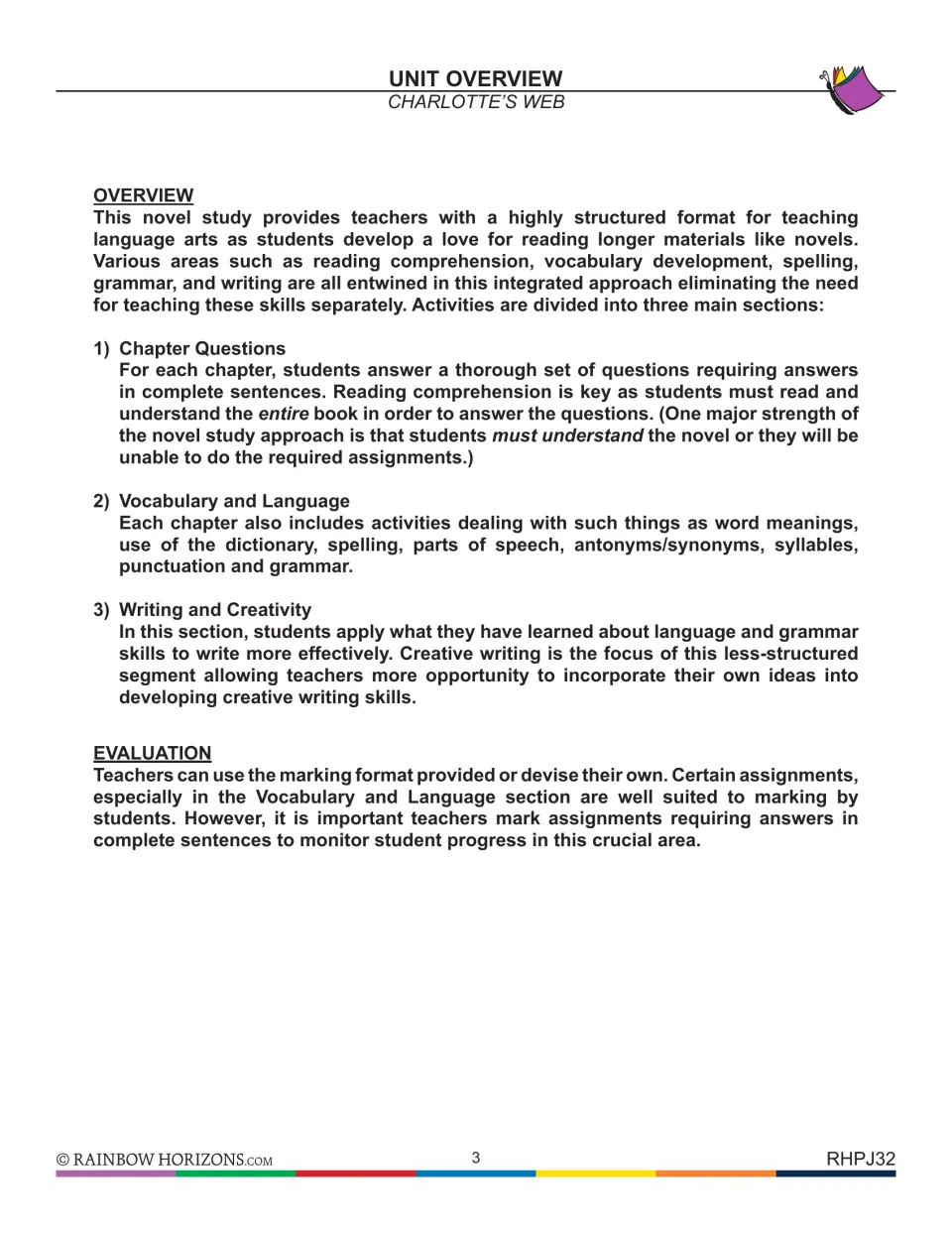 Unit overview: how the novel study splits into chapter questions, vocabulary and language, and writing, plus evaluation