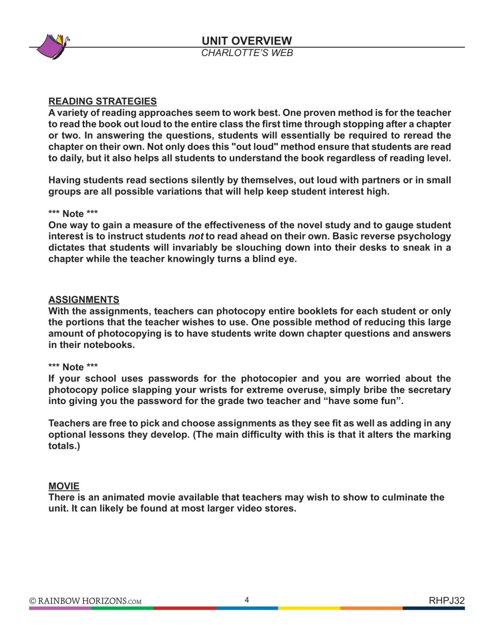 Unit overview notes: reading aloud, partner and small-group reading, photocopying assignments and a closing movie