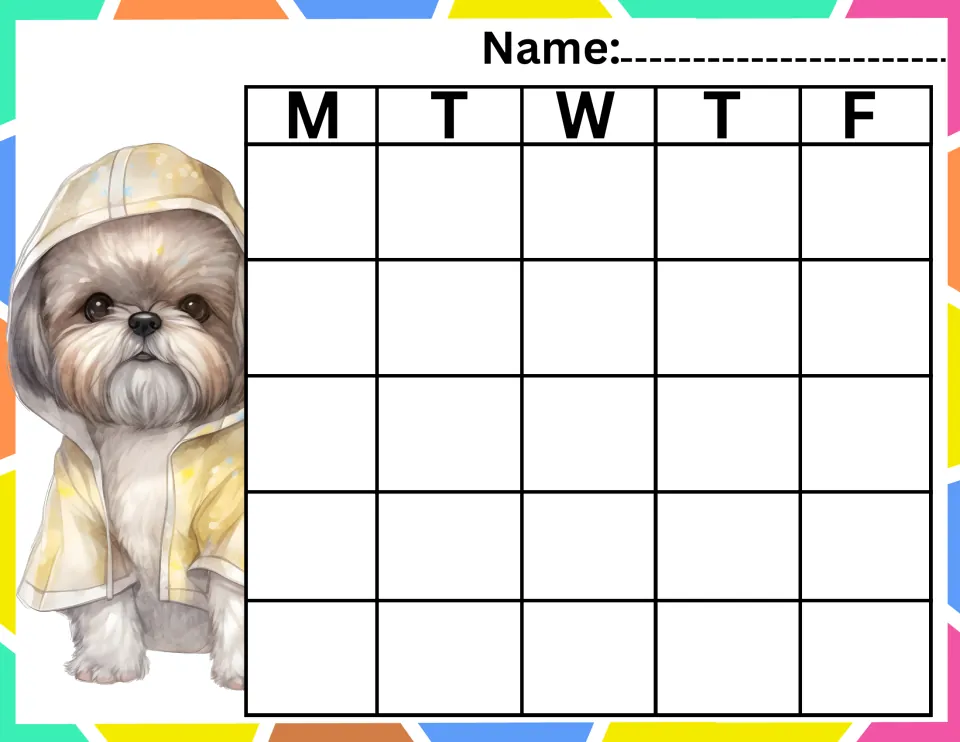 Reward chart with a fluffy puppy in a yellow raincoat: students add a sticker for each day, Monday to Friday, over 5 weeks
