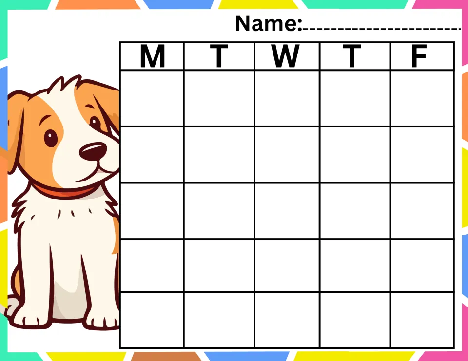 Cartoon puppy reward chart in orange and white: students mark each school day, Monday through Friday, across 5 weeks