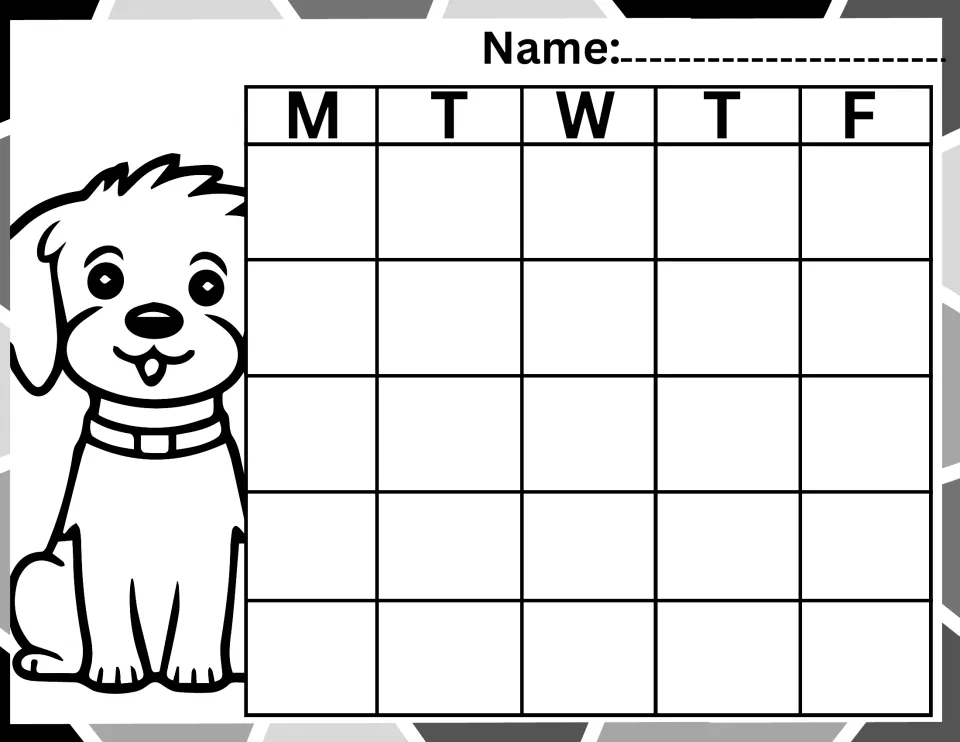 Black-and-white dog reward chart: an outlined puppy beside a Monday to Friday tracker with a name line for 5 weeks