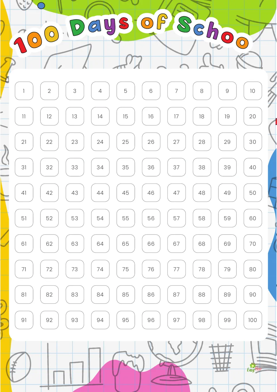 Second full-color day-tracking chart with numbers 1 to 100 in rows of ten; heading's final letter is cut off