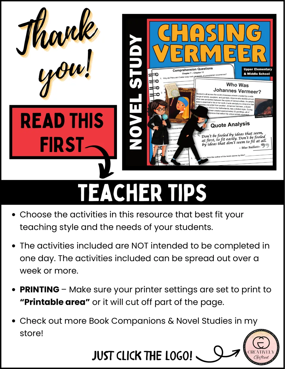 Read-this-first teacher tips: pick the activities that fit, spread them over a week or more, print to printable area