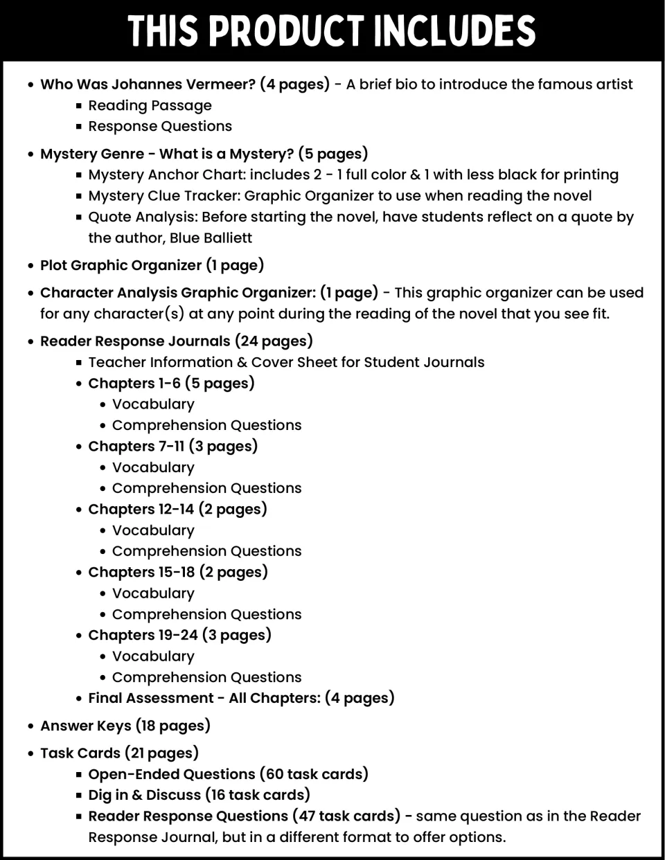 Contents list: Vermeer bio, mystery genre pages, plot and character organizers, reader response journals, task cards