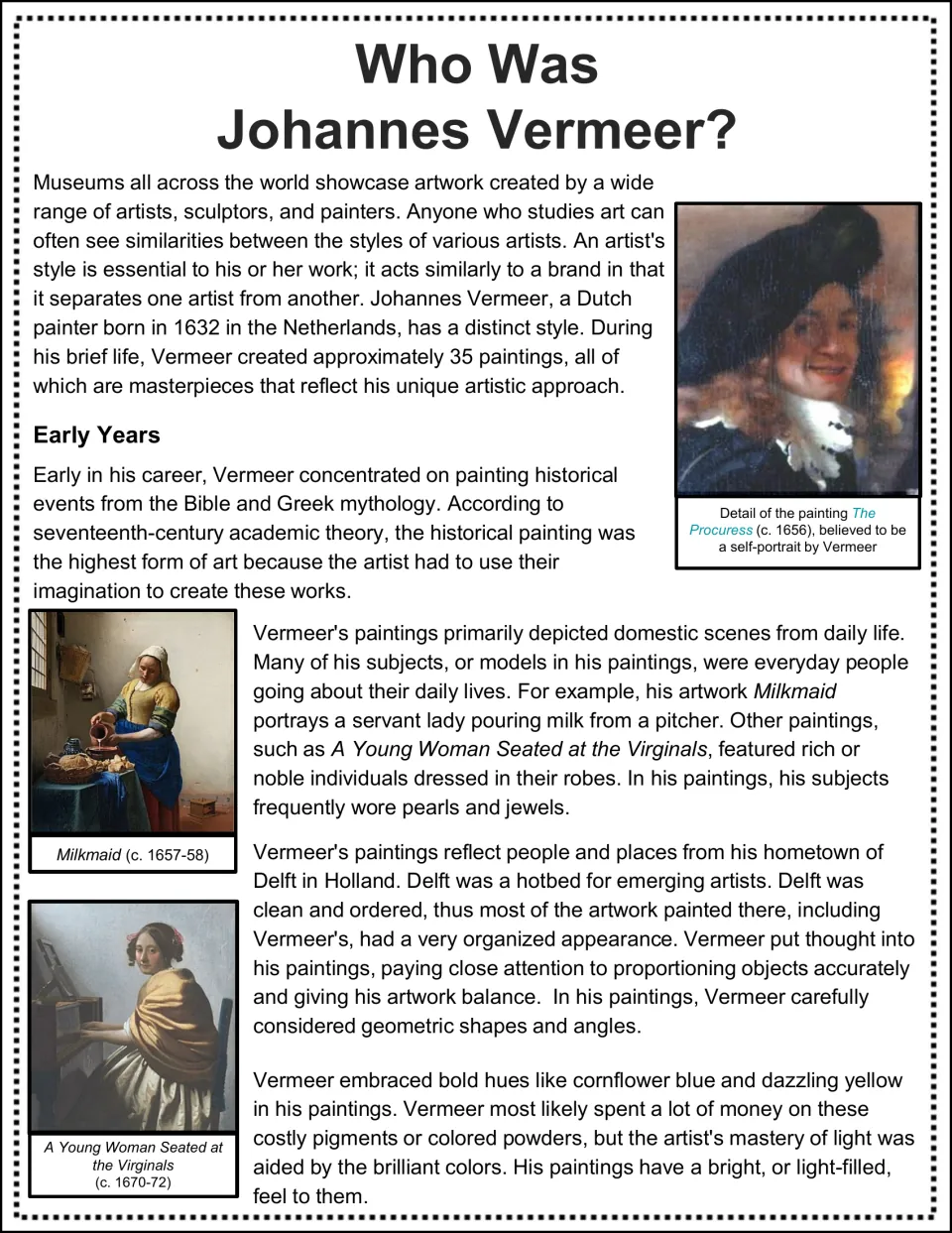 Who Was Johannes Vermeer? biography passage on his early years, domestic scenes and bold colors, with Milkmaid shown