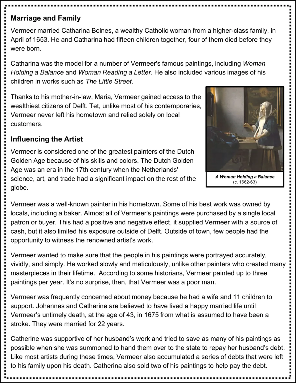 Vermeer biography continued: marriage to Catharina Bolnes, Delft patrons, his slow working pace and debts at his death