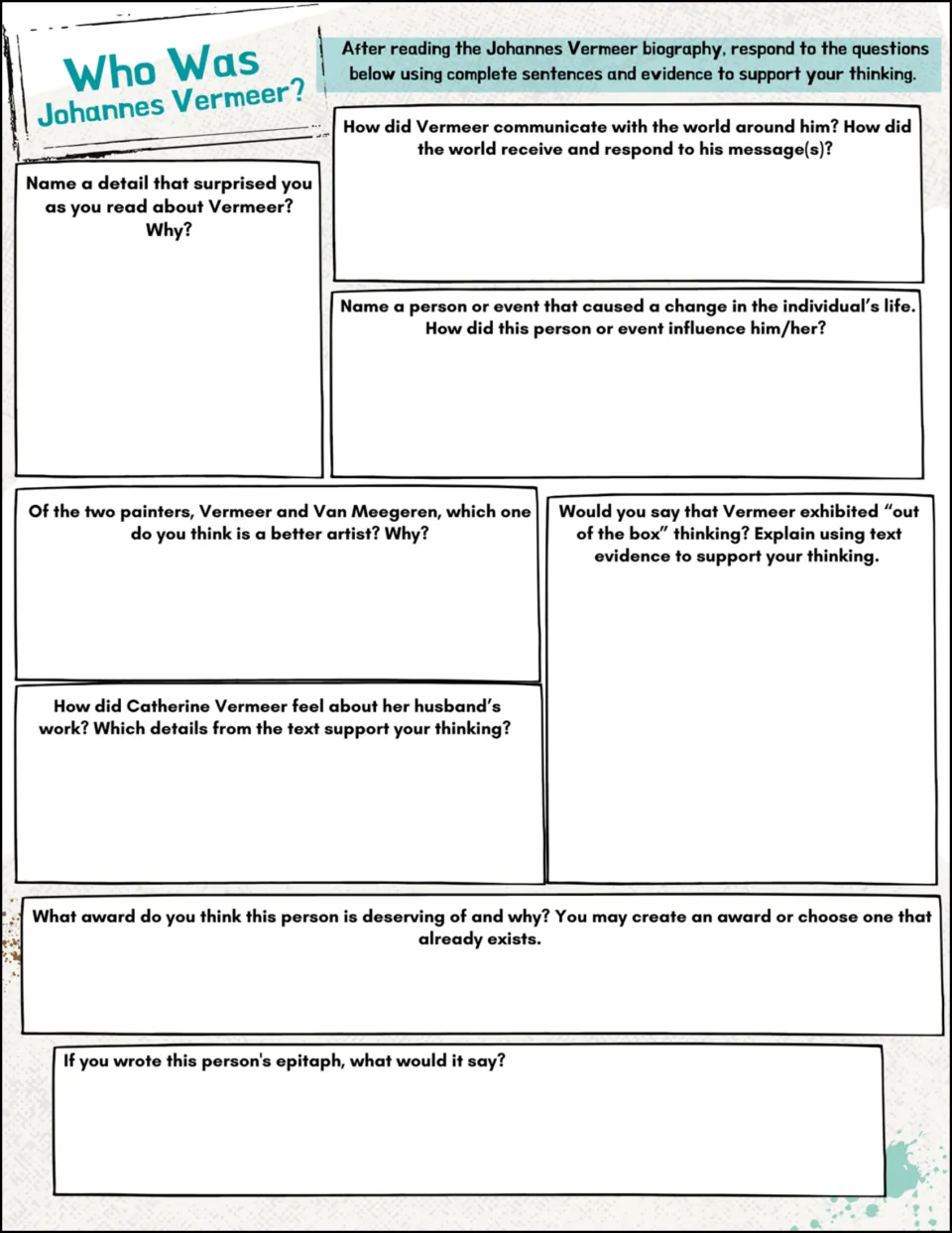 Vermeer biography response: students answer questions on Van Meegeren, Catharina and an epitaph using text evidence