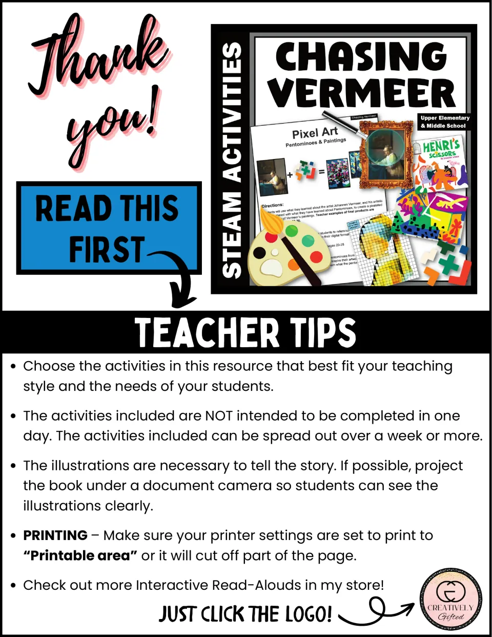 Teacher tips: choose activities that fit your class, spread them over a week or more, and project the book's illustrations