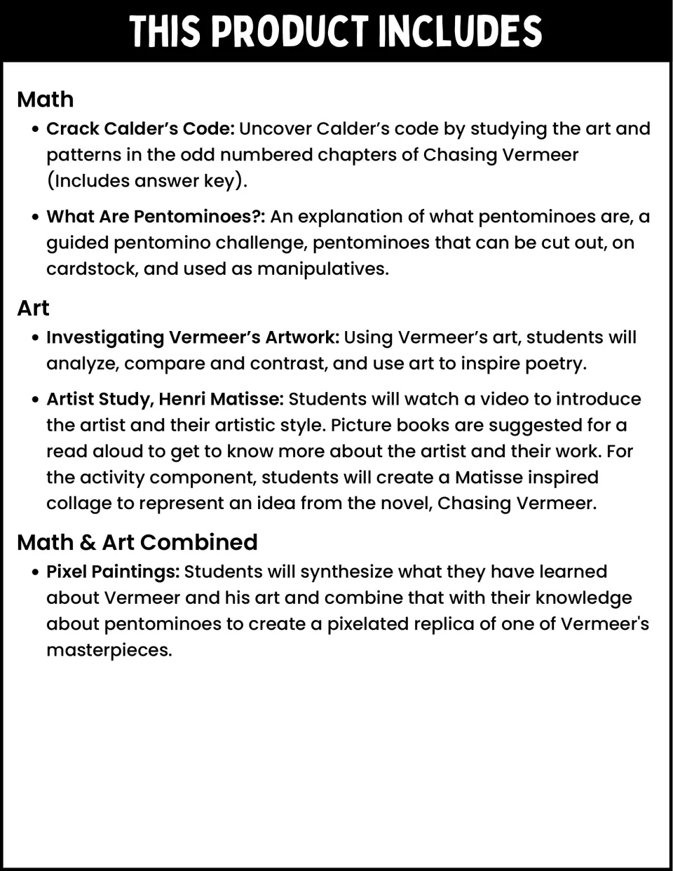 Contents list: Calder's code and pentomino math tasks, Vermeer and Matisse art studies, and pentomino pixel paintings