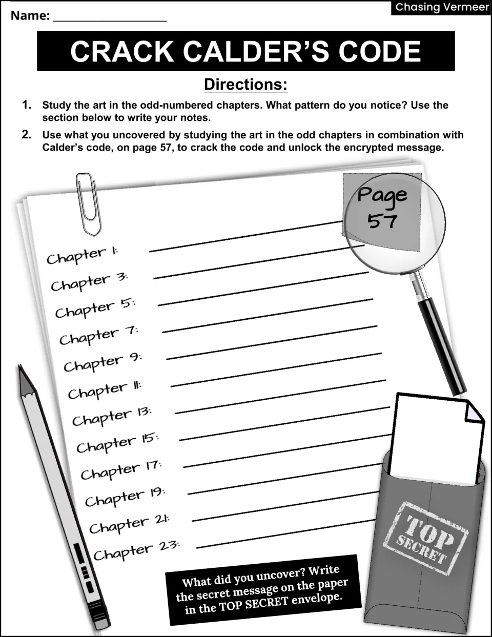 Crack Calder's Code, black-and-white version: students note art patterns for odd chapters 1-23 and decode a secret message