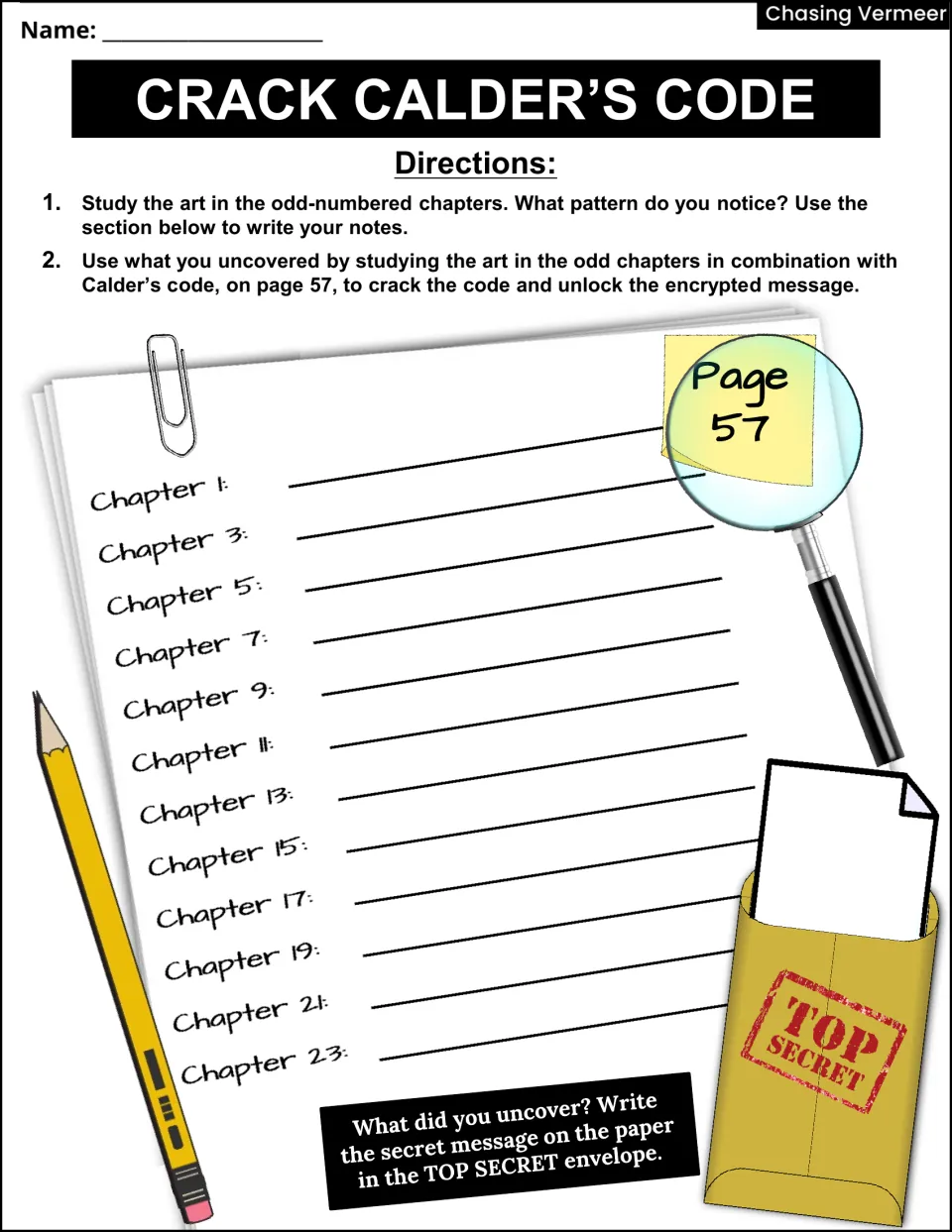 Crack Calder's Code in color: students use page 57's code and art clues from odd chapters to unlock an encrypted message