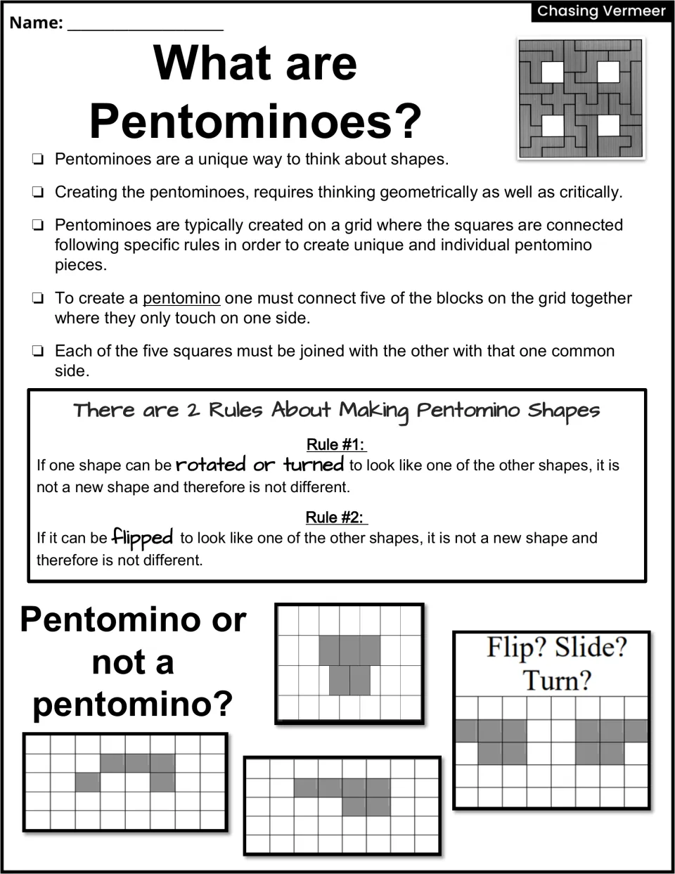 Pentomino introduction: definition, two rules on rotated and flipped shapes, and grids asking pentomino or not a pentomino