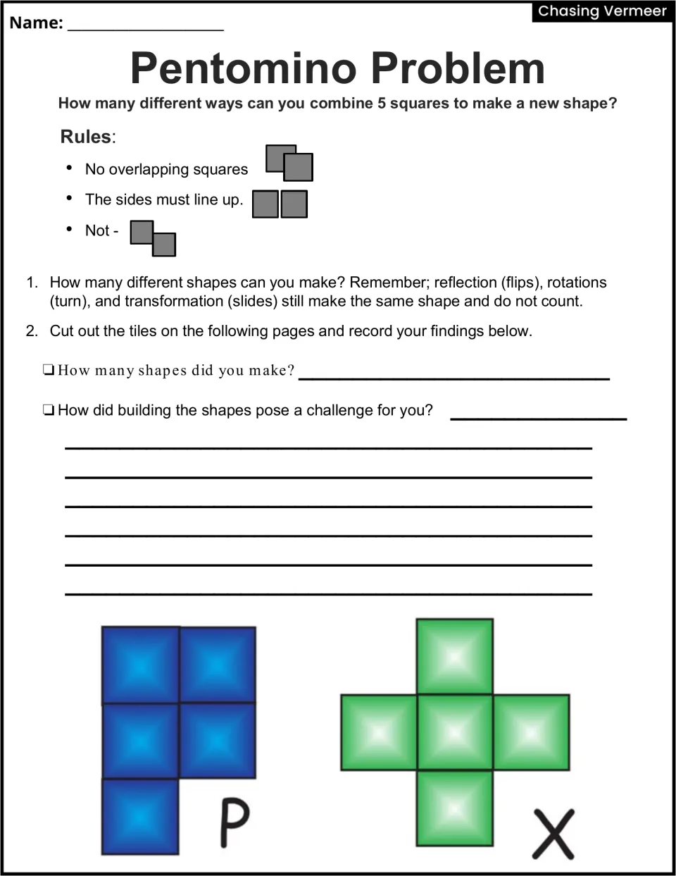 Pentomino Problem: students find how many shapes five squares can make, record findings, and cut out P and X tiles