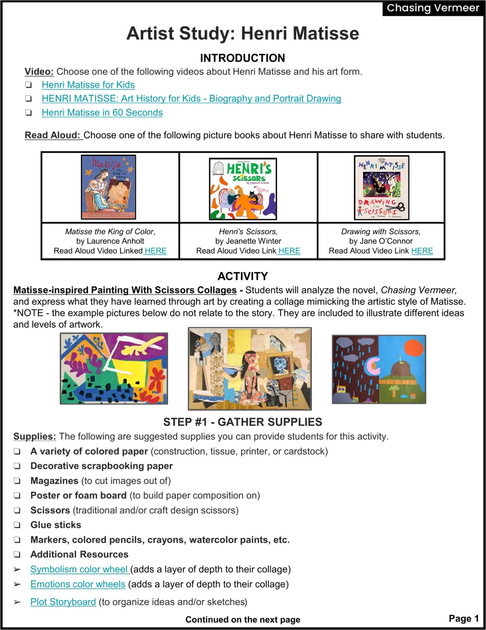 Henri Matisse artist study: video and picture book options, a scissors collage activity, sample collages and supply list