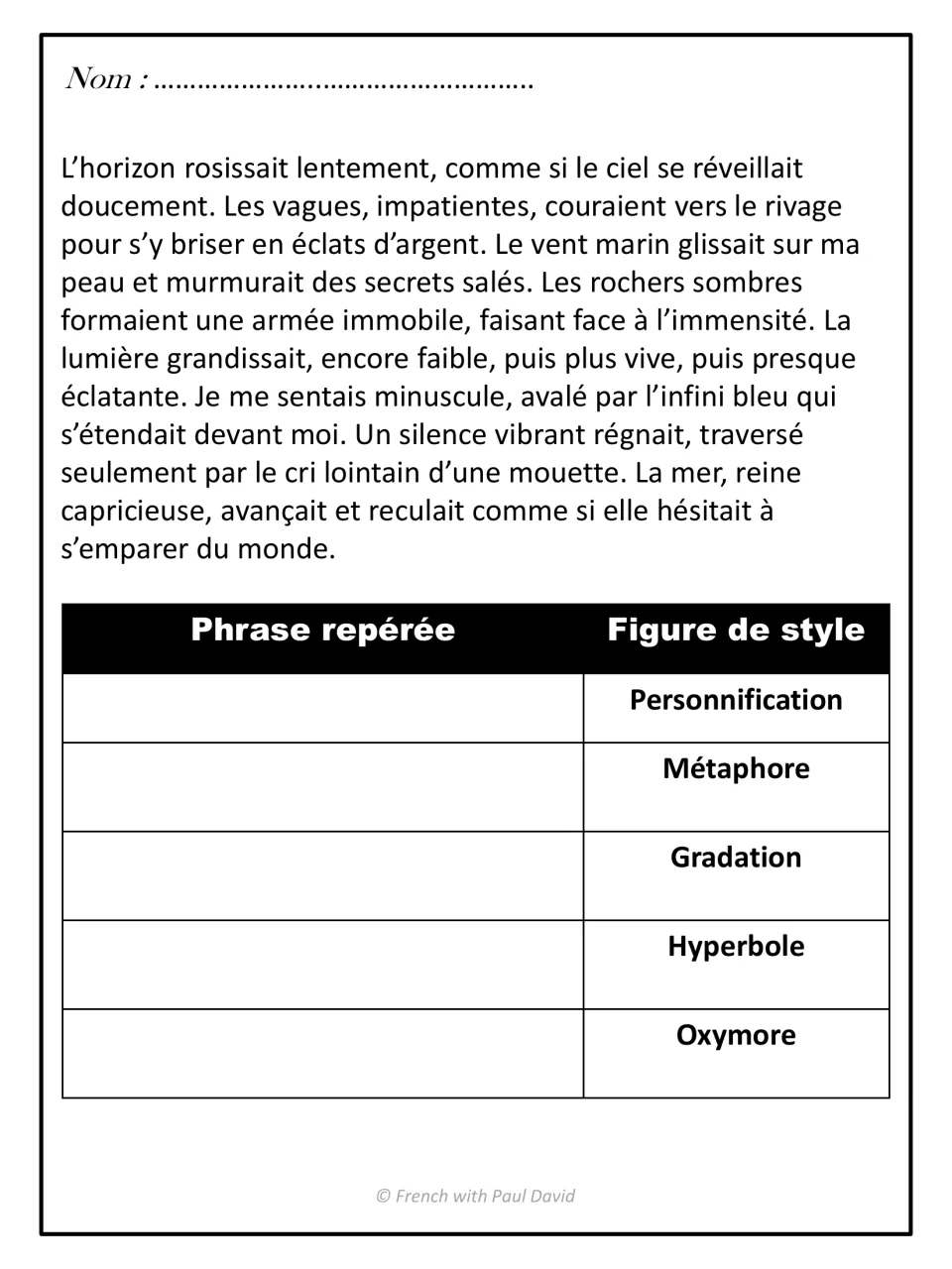 Seaside dawn passage in French: students match sentences to personnification, métaphore, gradation, hyperbole and oxymore
