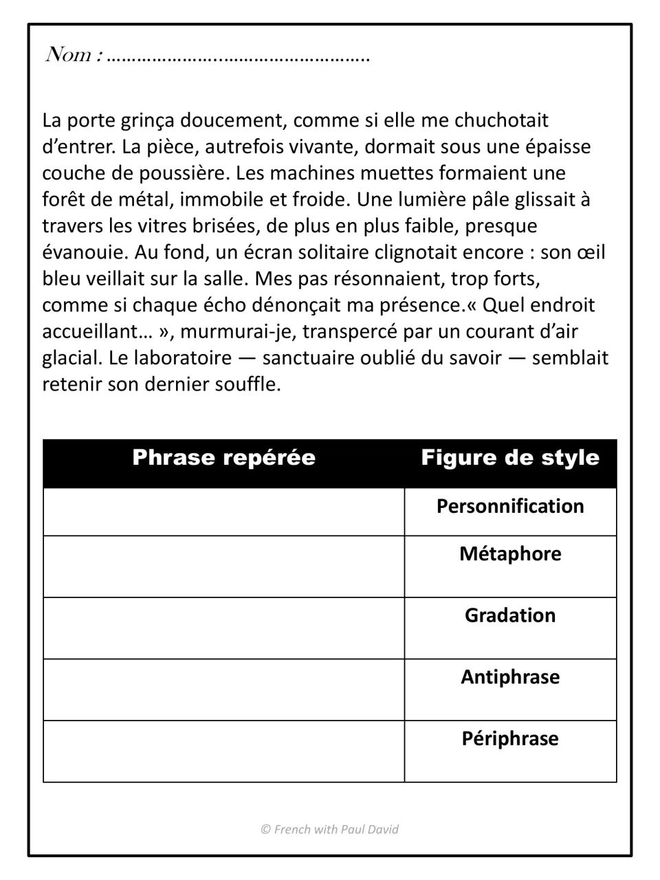 Abandoned laboratory passage in French: students find personnification, métaphore, gradation, antiphrase and périphrase