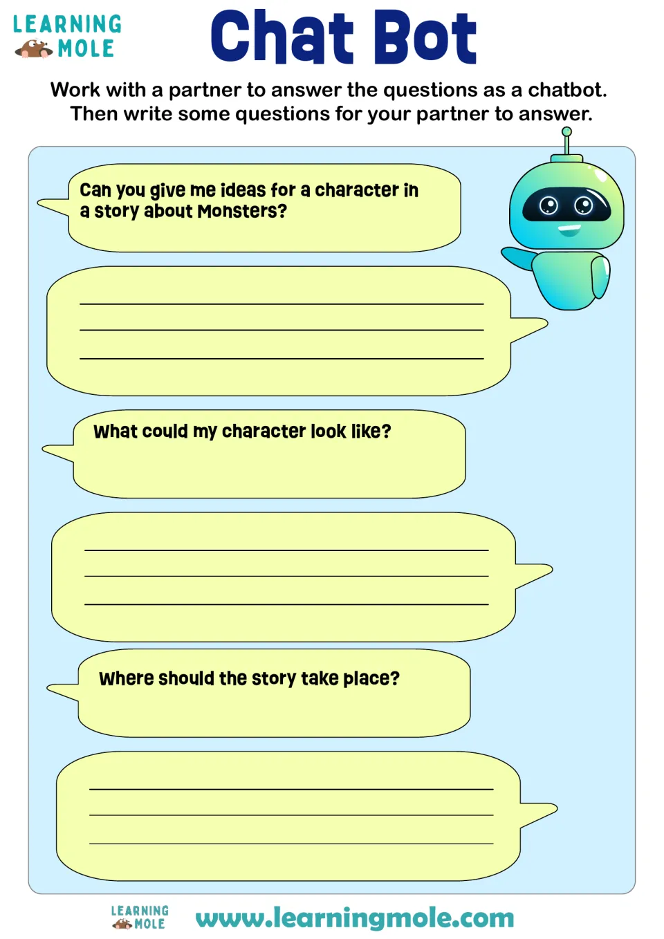 Chatbot role-play: partners answer as a chatbot, giving ideas for a monster story character, its looks and the setting