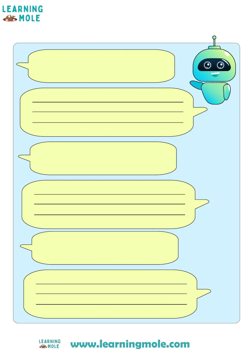 Blank chatbot conversation: students write three of their own questions and their partner replies as the robot