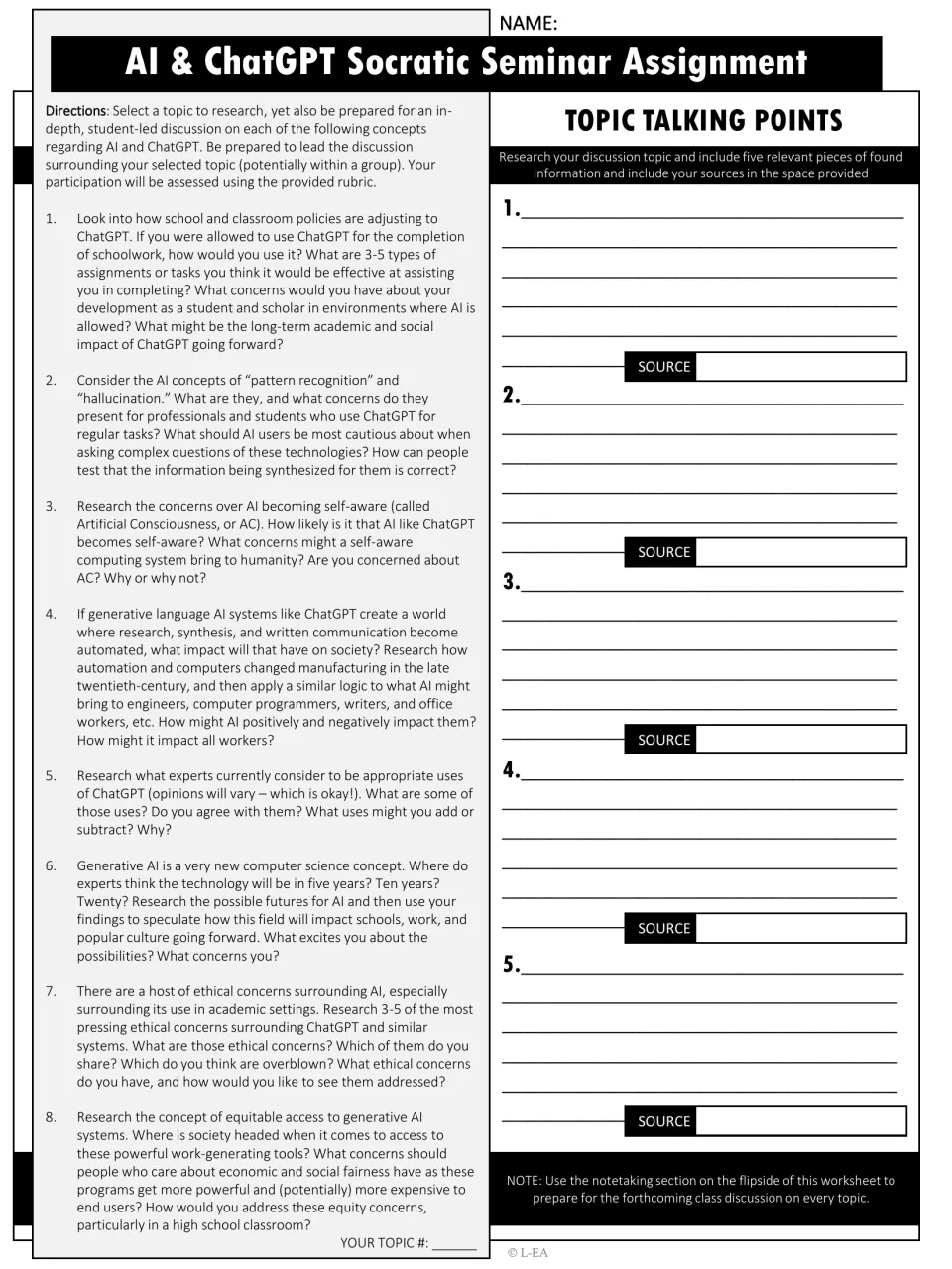Socratic seminar assignment: eight AI research topics and space for five talking points with sources