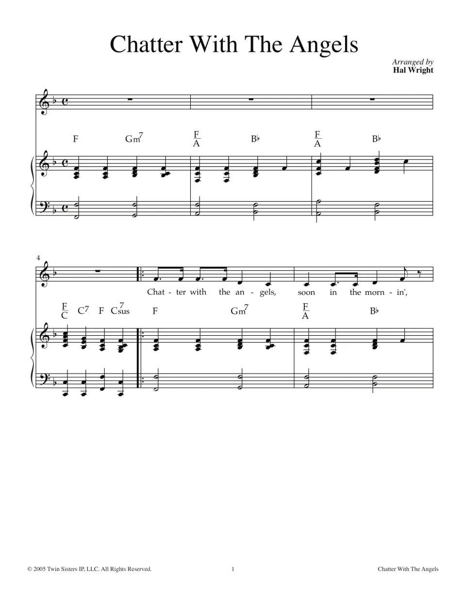 Chatter With The Angels, arranged by Hal Wright: piano intro in F major, then vocal melody and lyrics in bars 4-6