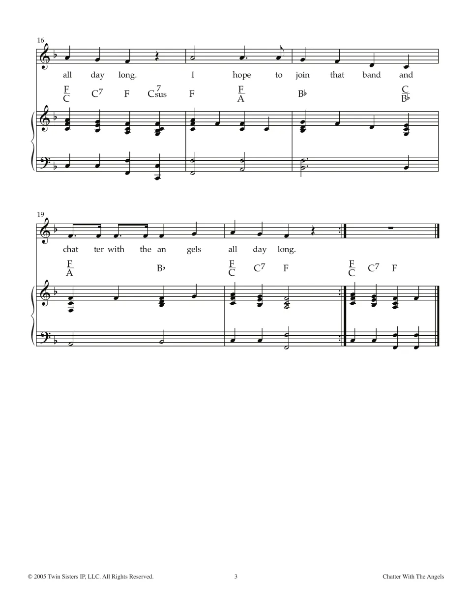 Song ending, measures 16-21: melody with lyrics closing on 'all day long', repeat sign, piano part and final F chord bar